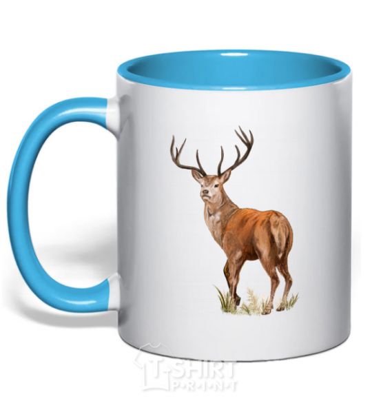 Mug with a colored handle Reindeer drawing sky-blue фото