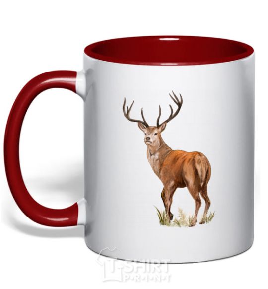 Mug with a colored handle Reindeer drawing red фото