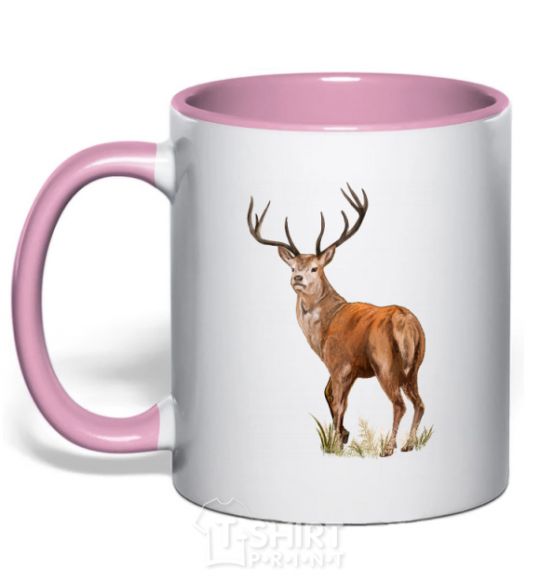 Mug with a colored handle Reindeer drawing light-pink фото