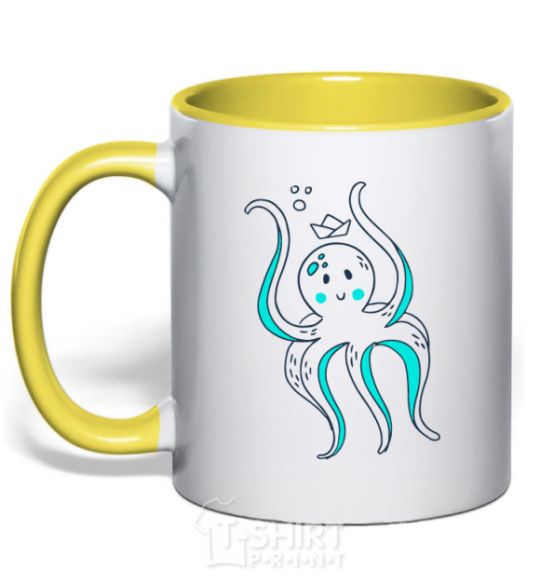 Mug with a colored handle An octopus in a panama yellow фото