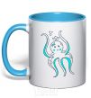 Mug with a colored handle An octopus in a panama sky-blue фото