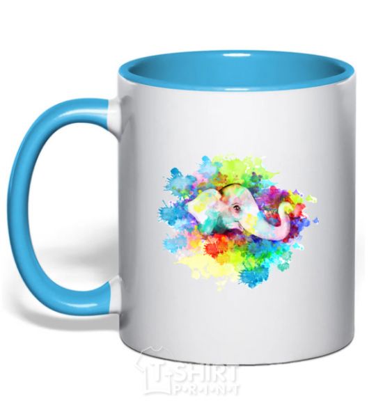 Mug with a colored handle The elephant in the paint sky-blue фото