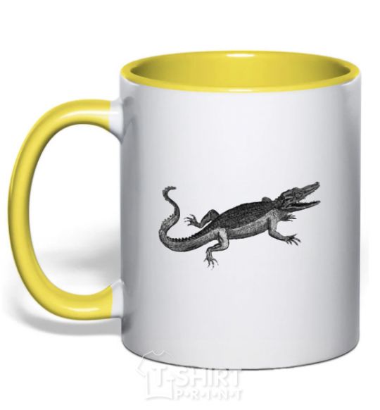 Mug with a colored handle Crocodile gray yellow фото