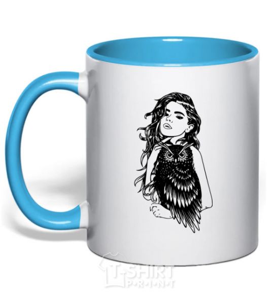 Mug with a colored handle The owl girl sky-blue фото