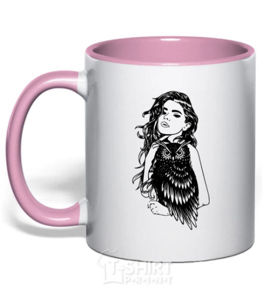 Mug with a colored handle The owl girl light-pink фото