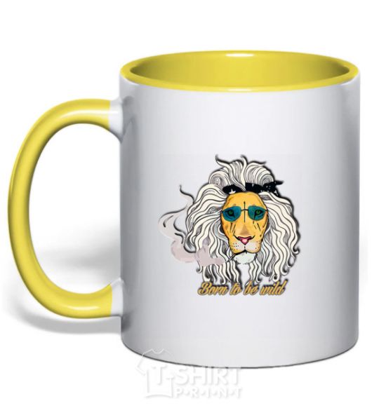 Mug with a colored handle Born to be wild lion yellow фото