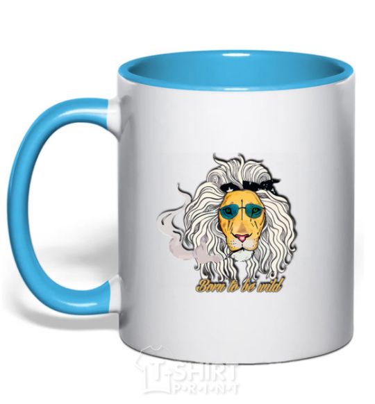 Mug with a colored handle Born to be wild lion sky-blue фото