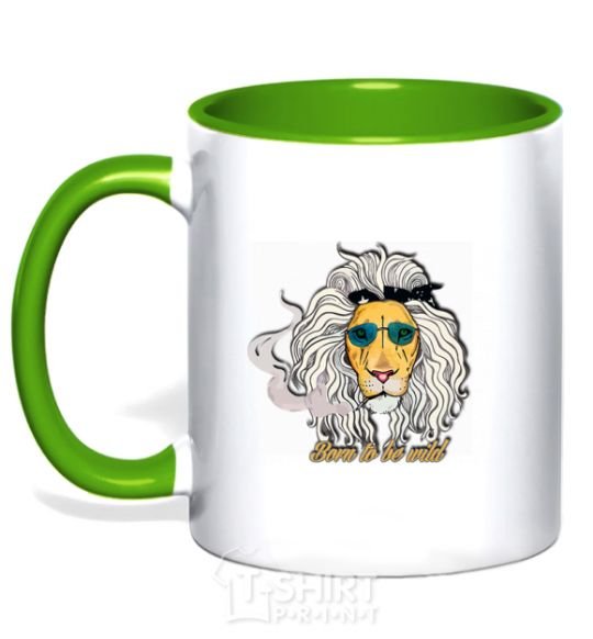 Mug with a colored handle Born to be wild lion kelly-green фото