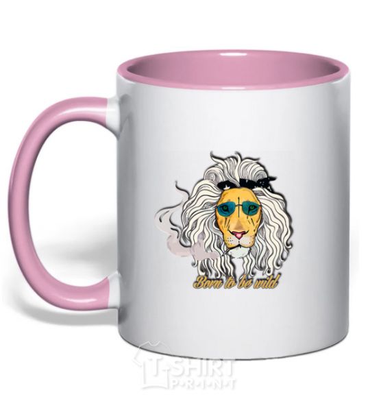 Mug with a colored handle Born to be wild lion light-pink фото