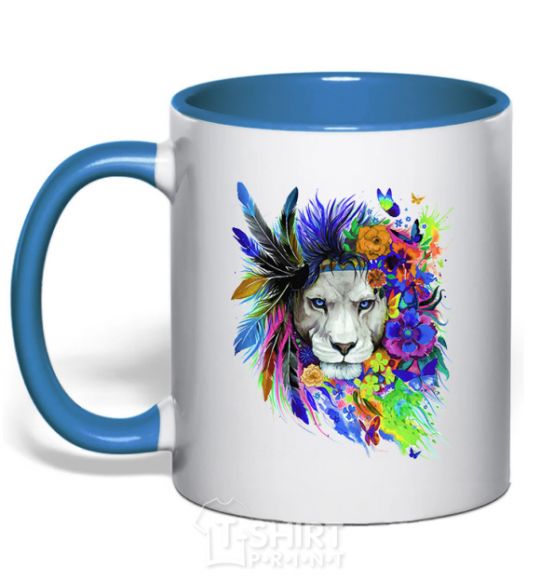 Mug with a colored handle Bright lion butterfly royal-blue фото