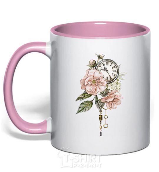 Mug with a colored handle Clock in colors light-pink фото
