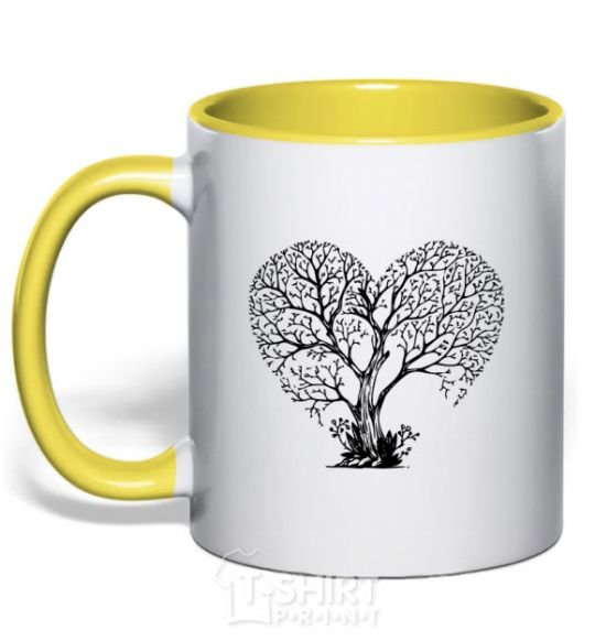 Mug with a colored handle Tree heart yellow фото