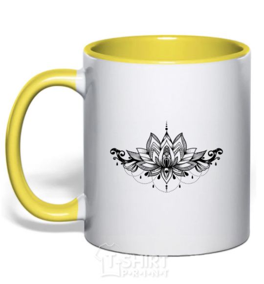 Mug with a colored handle Lotus pattern yellow фото