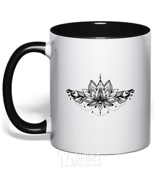 Mug with a colored handle Lotus pattern black фото