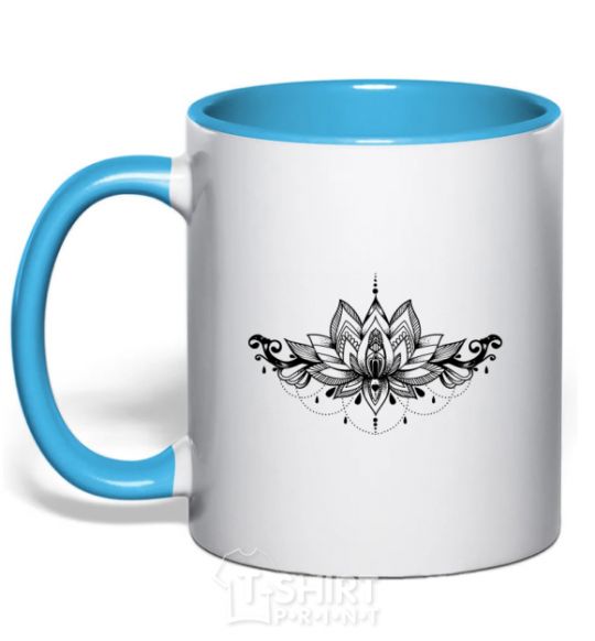 Mug with a colored handle Lotus pattern sky-blue фото