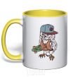Mug with a colored handle Cool owl yellow фото