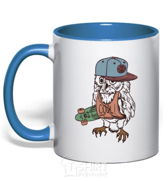 Mug with a colored handle Cool owl royal-blue фото