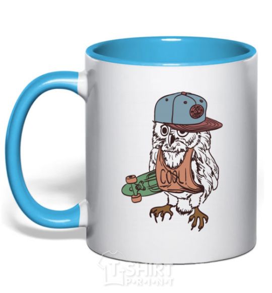 Mug with a colored handle Cool owl sky-blue фото