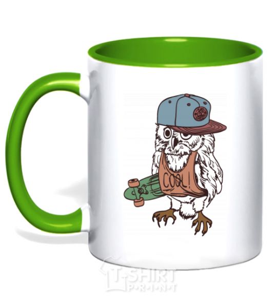 Mug with a colored handle Cool owl kelly-green фото