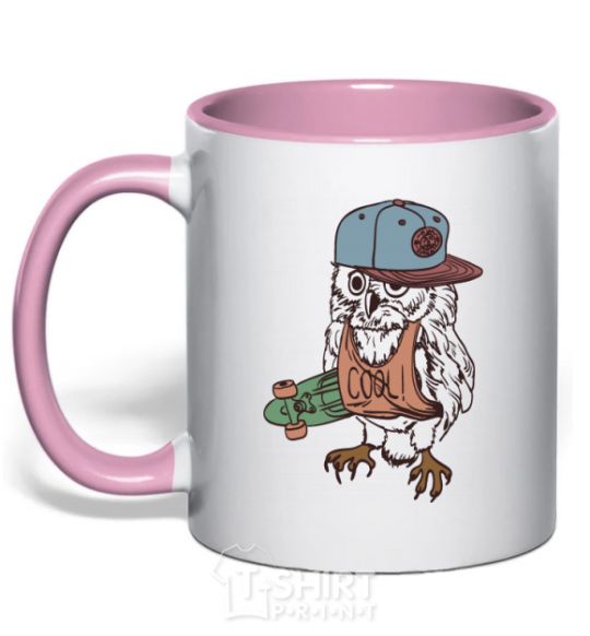 Mug with a colored handle Cool owl light-pink фото