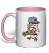 Mug with a colored handle Cool owl light-pink фото