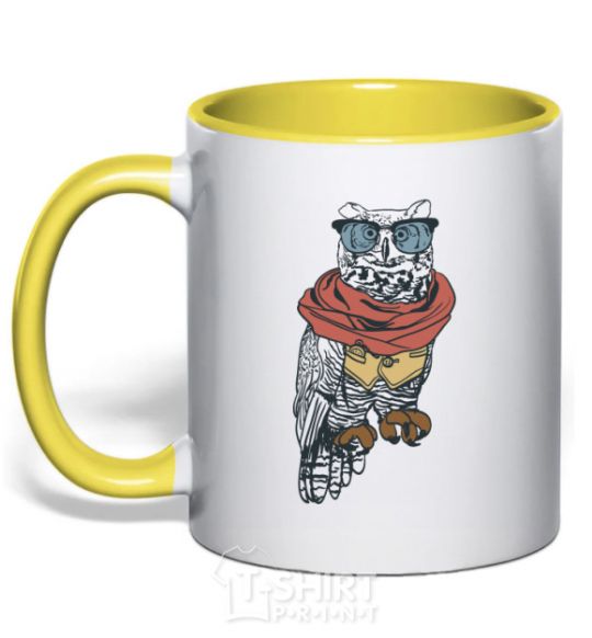 Mug with a colored handle Owl style yellow фото