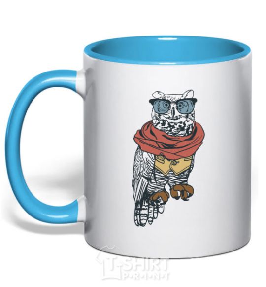 Mug with a colored handle Owl style sky-blue фото