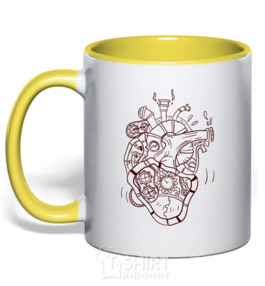 Mug with a colored handle The heart is mechanical yellow фото