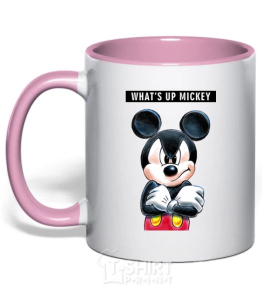 Mug with a colored handle Wat's up Mikey light-pink фото