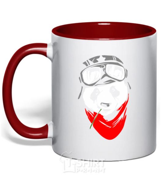 Mug with a colored handle A panda in a helmet red фото