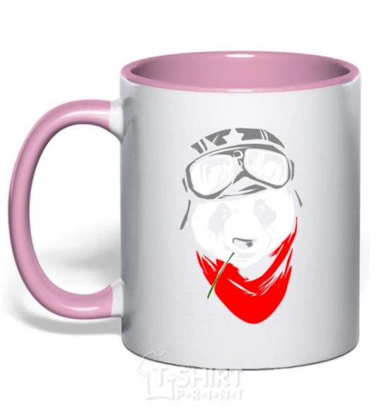 Mug with a colored handle A panda in a helmet light-pink фото
