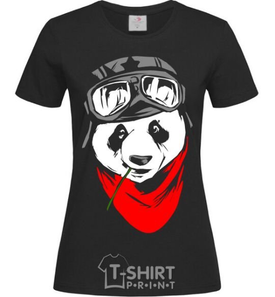 Women's T-shirt A panda in a helmet black фото