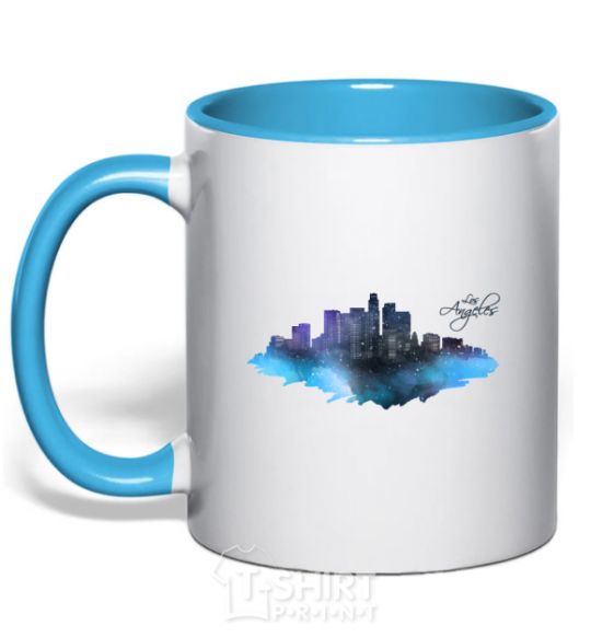 Mug with a colored handle LA city sky-blue фото