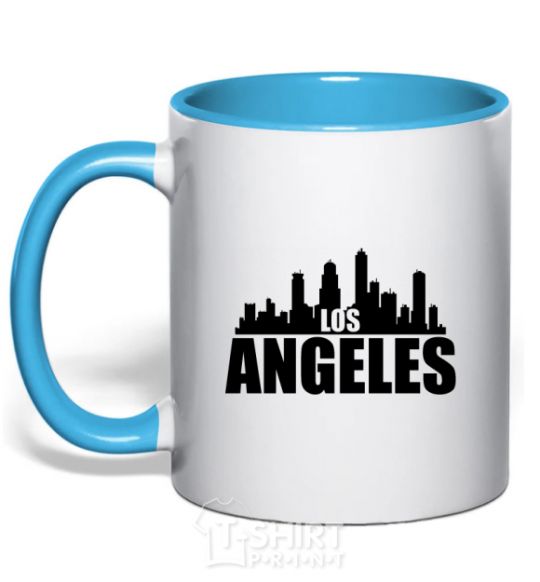 Mug with a colored handle Los Angeles towers sky-blue фото