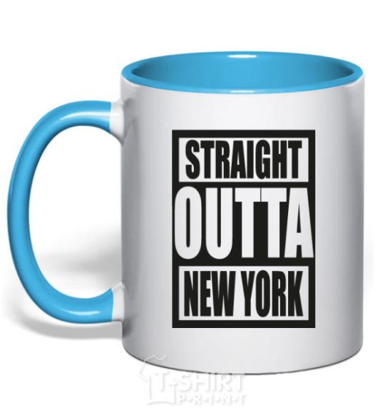 Mug with a colored handle Straight outta New York sky-blue фото