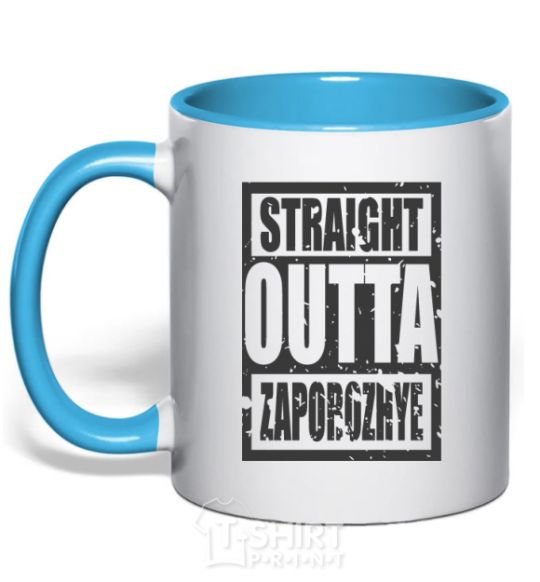 Mug with a colored handle Straight outta Zaporozhye sky-blue фото