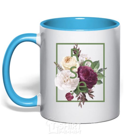 Mug with a colored handle Roses sky-blue фото