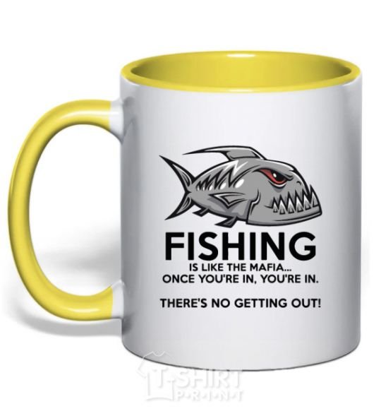 Mug with a colored handle Fishing is like the mafia yellow фото