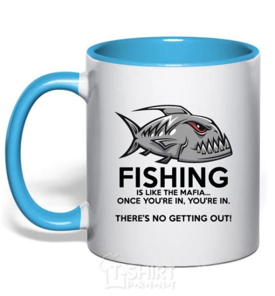 Mug with a colored handle Fishing is like the mafia sky-blue фото