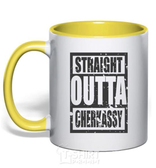 Mug with a colored handle Straight outta Cherkassy yellow фото