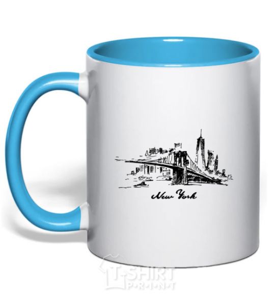 Mug with a colored handle New York bridge sky-blue фото
