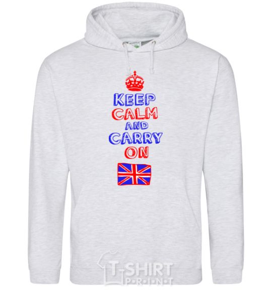 Мужская толстовка (худи) Keep calm and carry on England Серый меланж фото