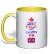 Mug with a colored handle Keep calm and carry on England yellow фото