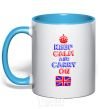 Mug with a colored handle Keep calm and carry on England sky-blue фото