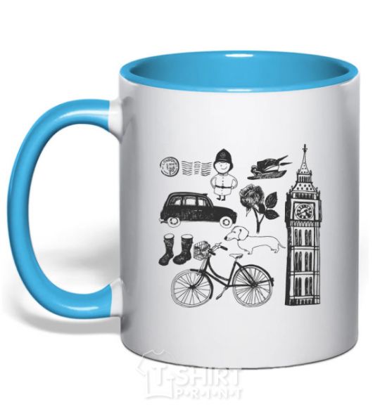 Mug with a colored handle London tower sky-blue фото