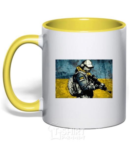 Mug with a colored handle Defender yellow фото