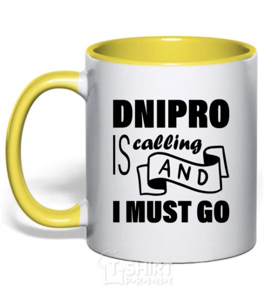 Mug with a colored handle Dnipro is calling and i must go yellow фото