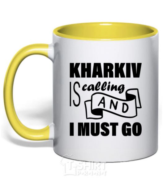 Mug with a colored handle Kharkiv is calling and i must go yellow фото