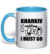Mug with a colored handle Kharkiv is calling and i must go sky-blue фото