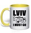 Mug with a colored handle Lviv is calling and i must go yellow фото